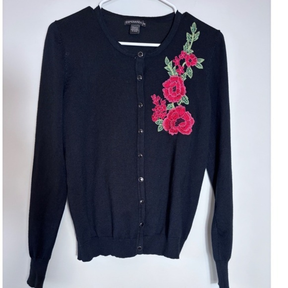 Esperanza‎ Black Floral Embroidered Button Front Cardigan Sweater Womens Medium